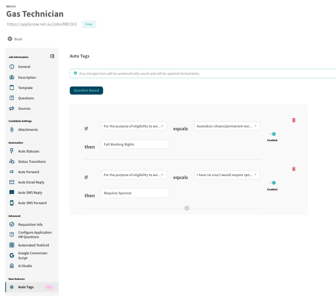 Auto tagging of candidates via question based rules